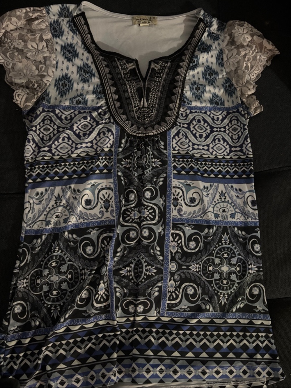 ONE WORLD Blue, Black and White Boho Lace Sleeve Tunic